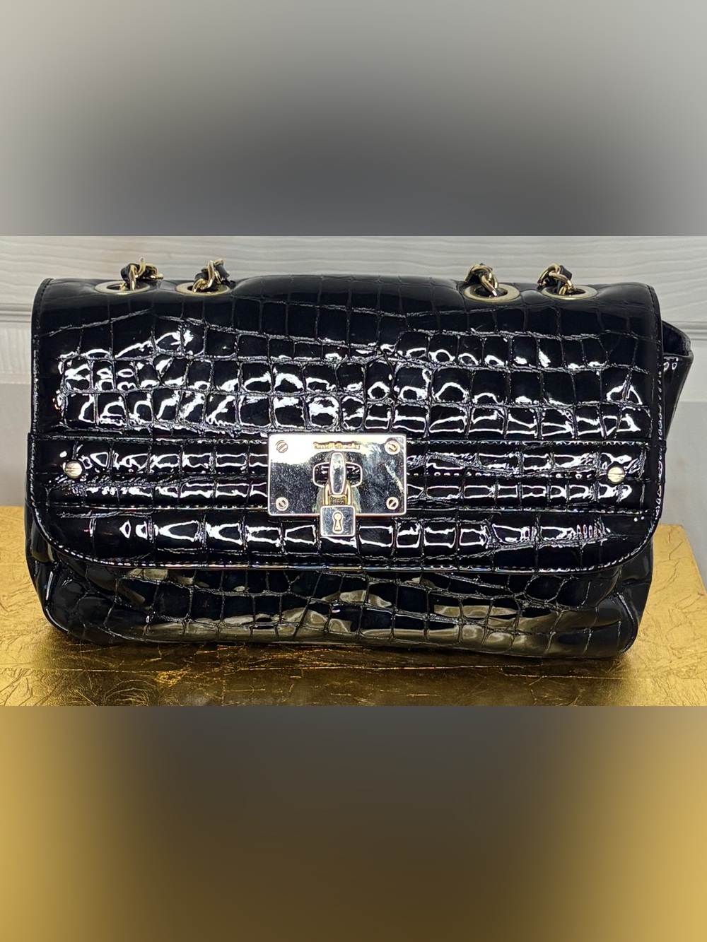 Russell & Bromley Black Croc-Embossed Patent Shoulder Bag with Gold Hardware